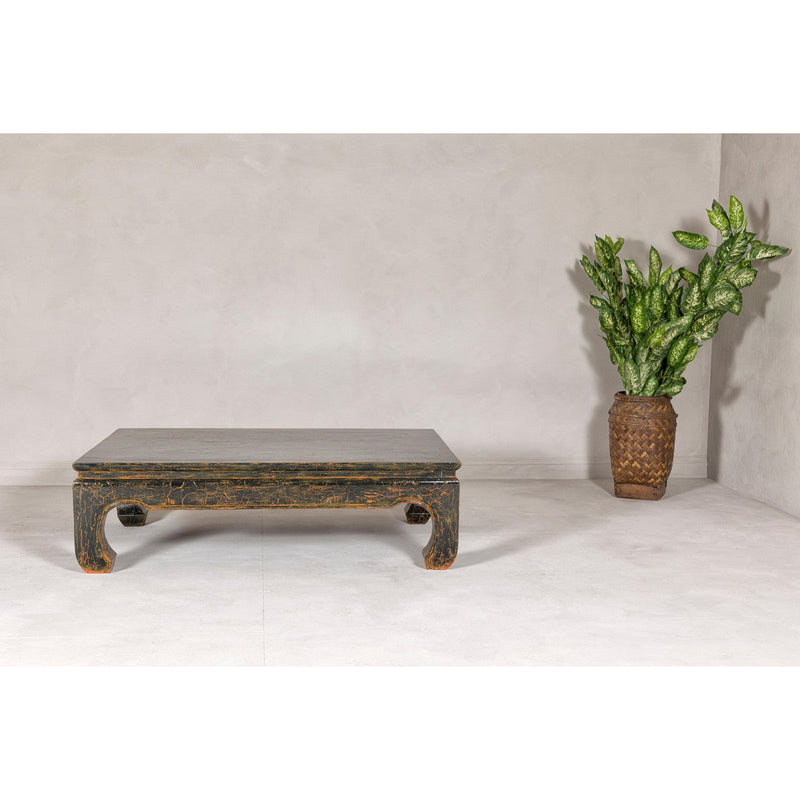 Vintage Chow Legs Distressed Black Coffee Table with Crackle Orange Finish-YN7960-9. Asian & Chinese Furniture, Art, Antiques, Vintage Home Décor for sale at FEA Home