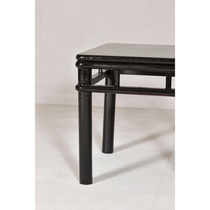 Pair of Black Lacquer Drinks Tables with Open Stretcher and Cylindrical Legs-YN7961-10. Asian & Chinese Furniture, Art, Antiques, Vintage Home Décor for sale at FEA Home