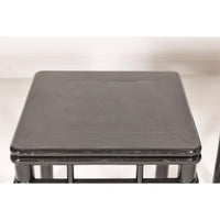 Pair of Black Lacquer Drinks Tables with Open Stretcher and Cylindrical Legs