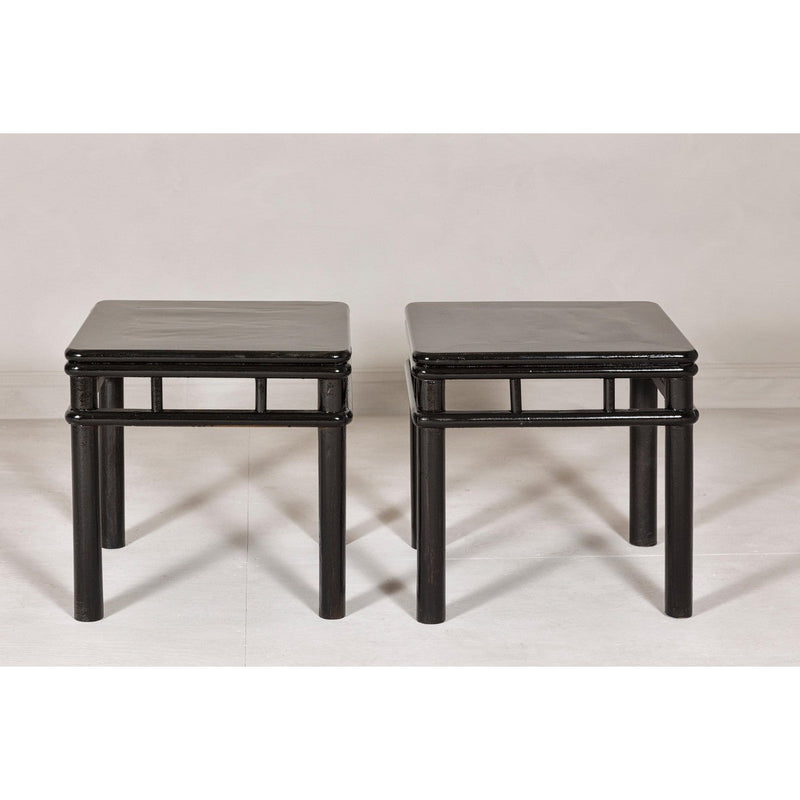 Pair of Black Lacquer Drinks Tables with Open Stretcher and Cylindrical Legs-YN7961-14. Asian & Chinese Furniture, Art, Antiques, Vintage Home Décor for sale at FEA Home