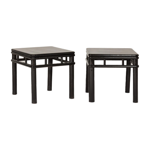 Pair of Black Lacquer Drinks Tables with Open Stretcher and Cylindrical Legs-YN7961-16. Asian & Chinese Furniture, Art, Antiques, Vintage Home Décor for sale at FEA Home