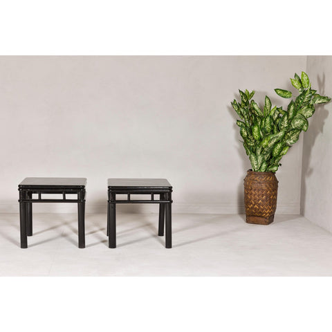 Pair of Black Lacquer Drinks Tables with Open Stretcher and Cylindrical Legs-YN7961-2. Asian & Chinese Furniture, Art, Antiques, Vintage Home Décor for sale at FEA Home