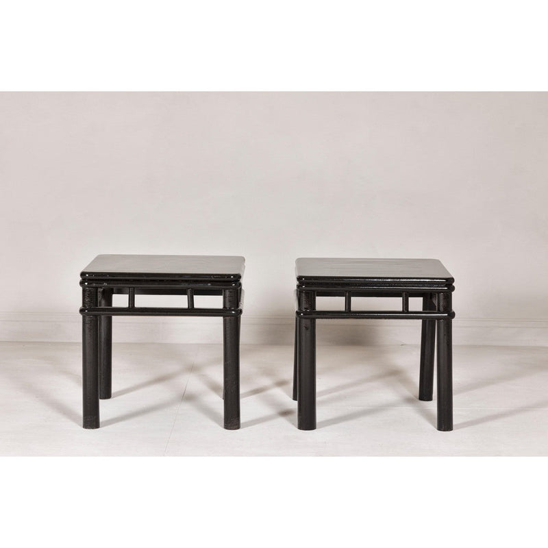 Pair of Black Lacquer Drinks Tables with Open Stretcher and Cylindrical Legs-YN7961-3. Asian & Chinese Furniture, Art, Antiques, Vintage Home Décor for sale at FEA Home