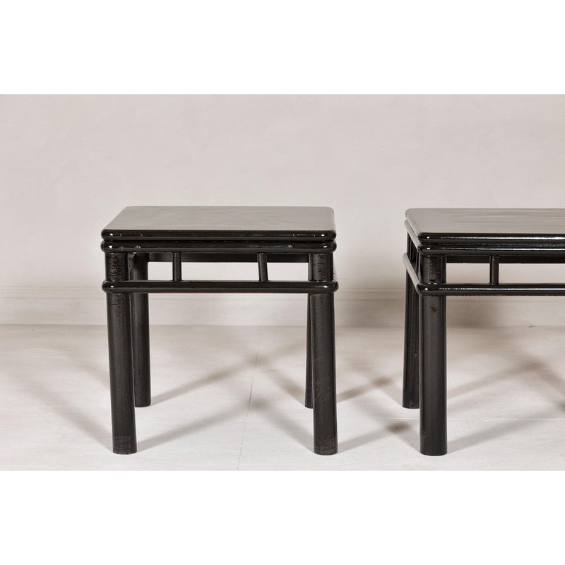 Pair of Black Lacquer Drinks Tables with Open Stretcher and Cylindrical Legs-YN7961-4. Asian & Chinese Furniture, Art, Antiques, Vintage Home Décor for sale at FEA Home