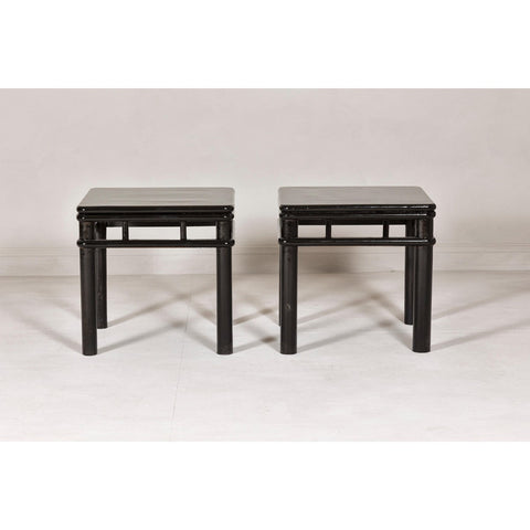 Pair of Black Lacquer Drinks Tables with Open Stretcher and Cylindrical Legs-YN7961-7. Asian & Chinese Furniture, Art, Antiques, Vintage Home Décor for sale at FEA Home