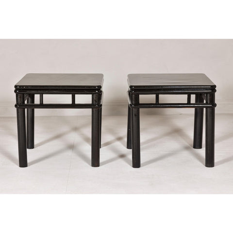 Pair of Black Lacquer Drinks Tables with Open Stretcher and Cylindrical Legs-YN7961-9. Asian & Chinese Furniture, Art, Antiques, Vintage Home Décor for sale at FEA Home