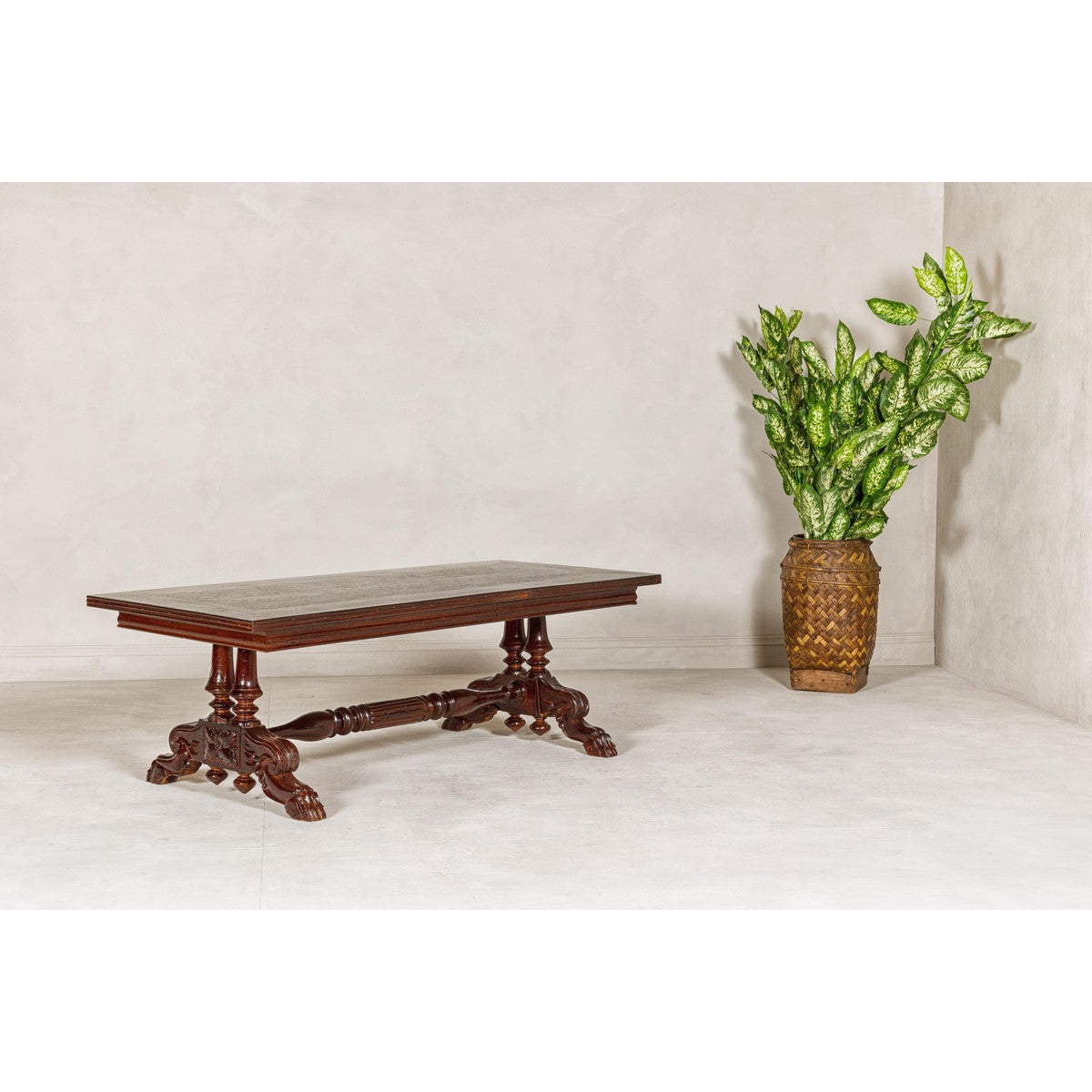 Dutch Colonial Ornate Coffee Table with Carved Lion Paw Legs and Cross Stretcher-10. Asian & Chinese Furniture, Art, Antiques, Vintage Home Décor for sale at FEA Home