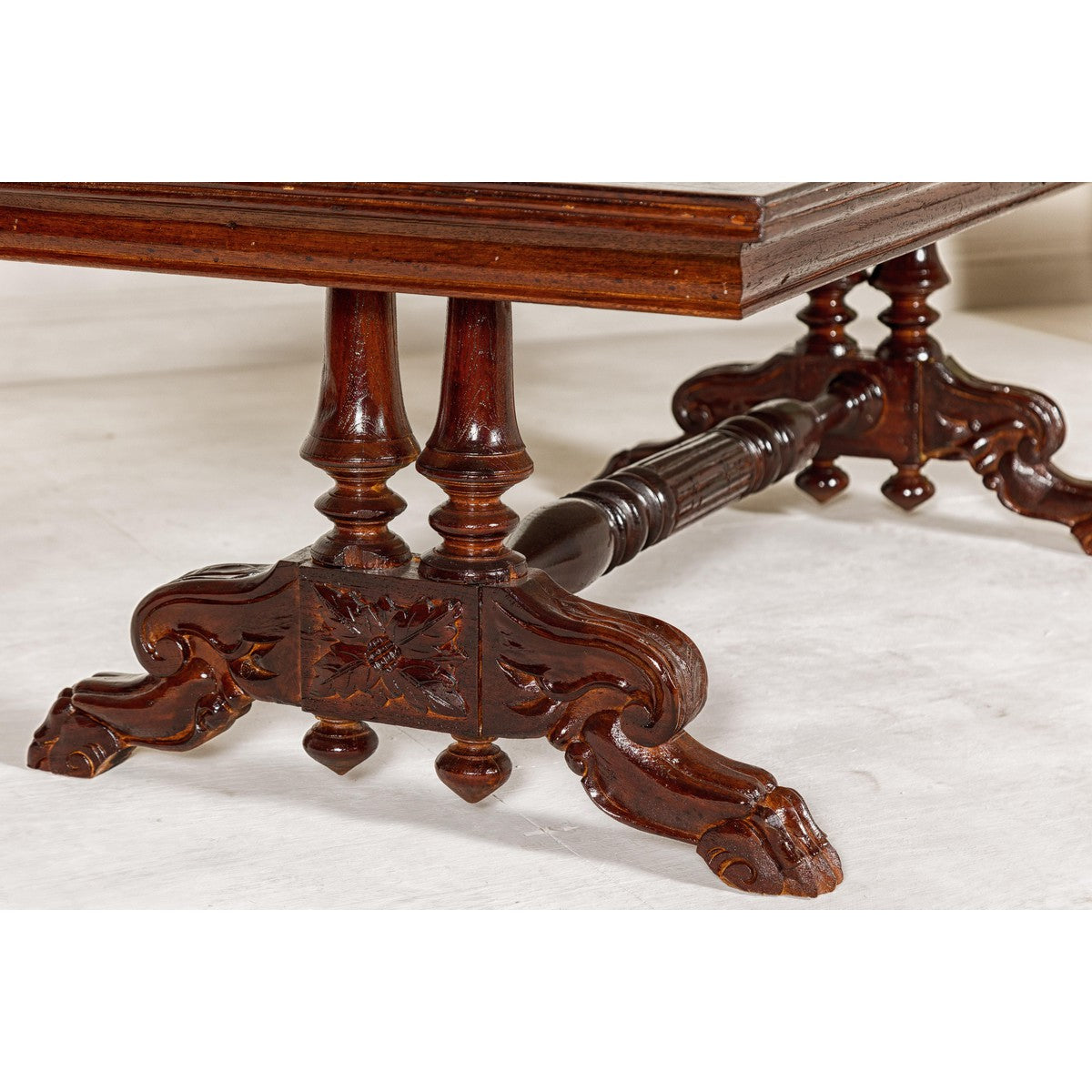Dutch Colonial Ornate Coffee Table with Carved Lion Paw Legs and Cross Stretcher-11. Asian & Chinese Furniture, Art, Antiques, Vintage Home Décor for sale at FEA Home
