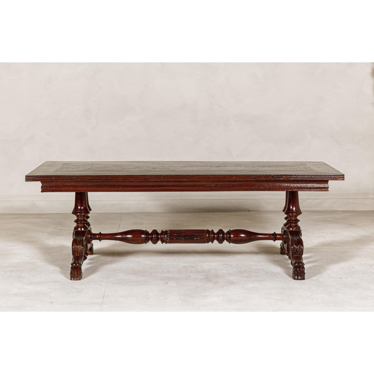 Dutch Colonial Ornate Coffee Table with Carved Lion Paw Legs and Cross Stretcher-15. Asian & Chinese Furniture, Art, Antiques, Vintage Home Décor for sale at FEA Home