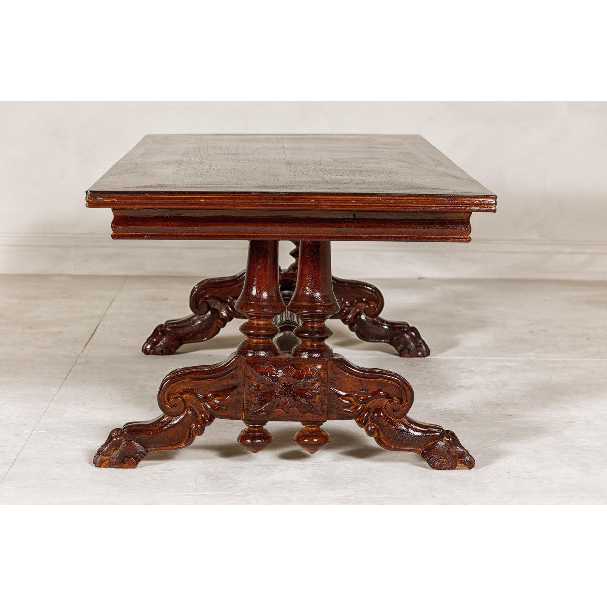 Dutch Colonial Ornate Coffee Table with Carved Lion Paw Legs and Cross Stretcher-16. Asian & Chinese Furniture, Art, Antiques, Vintage Home Décor for sale at FEA Home