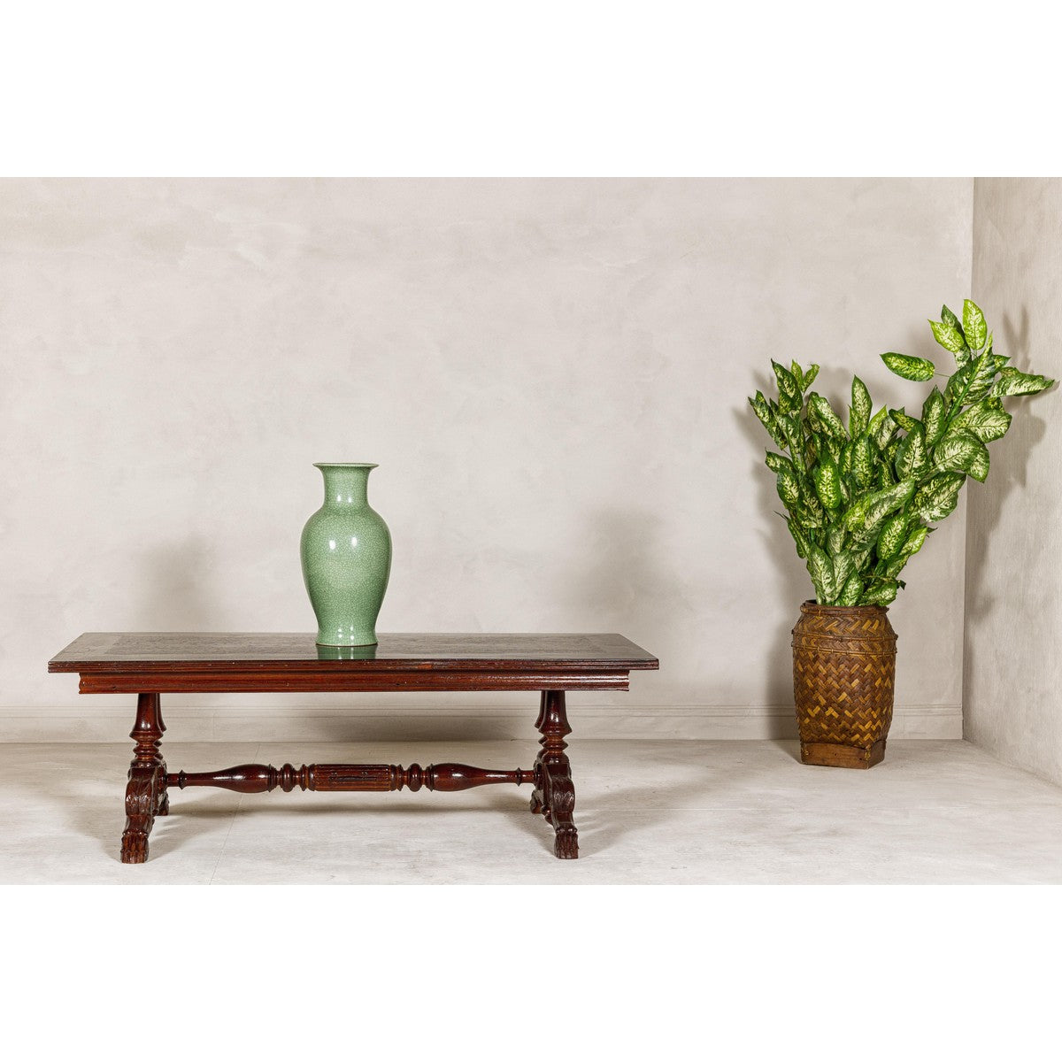 Dutch Colonial Ornate Coffee Table with Carved Lion Paw Legs and Cross Stretcher-3. Asian & Chinese Furniture, Art, Antiques, Vintage Home Décor for sale at FEA Home
