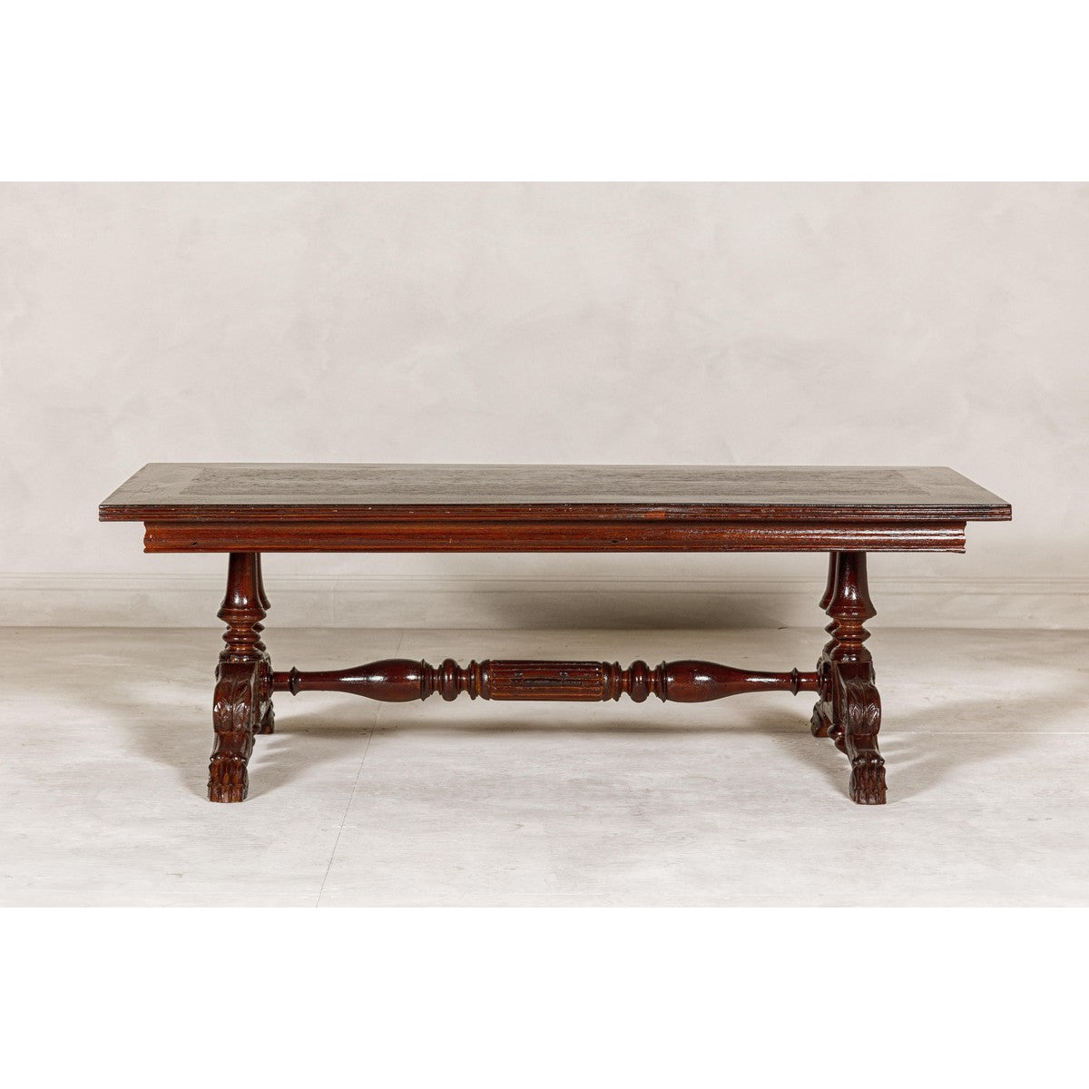 Dutch Colonial Ornate Coffee Table with Carved Lion Paw Legs and Cross Stretcher-4. Asian & Chinese Furniture, Art, Antiques, Vintage Home Décor for sale at FEA Home
