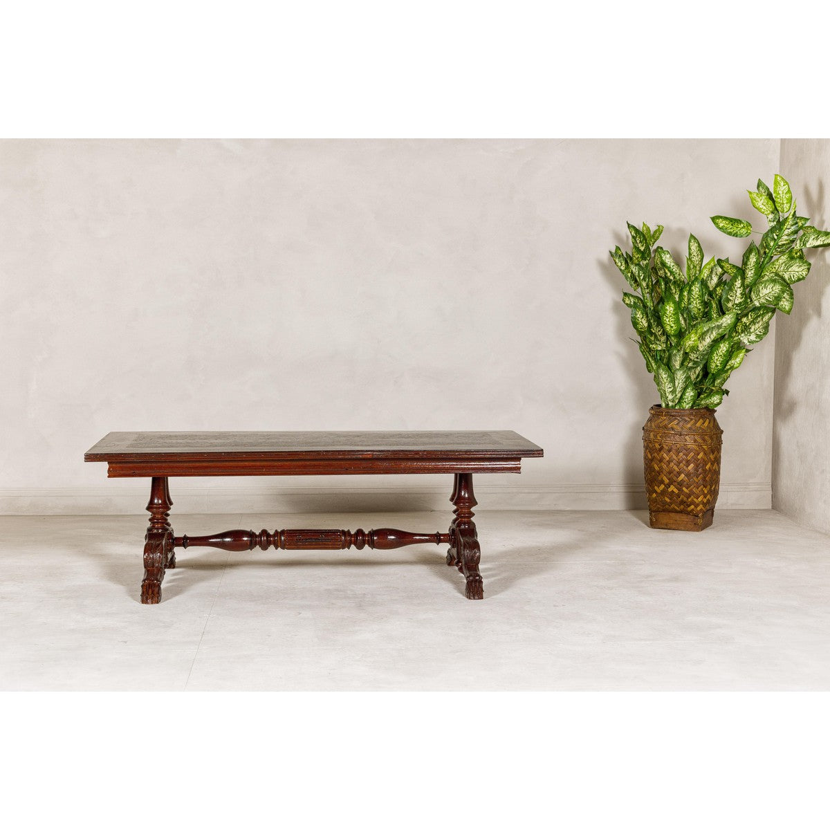Dutch Colonial Ornate Coffee Table with Carved Lion Paw Legs and Cross Stretcher-5. Asian & Chinese Furniture, Art, Antiques, Vintage Home Décor for sale at FEA Home
