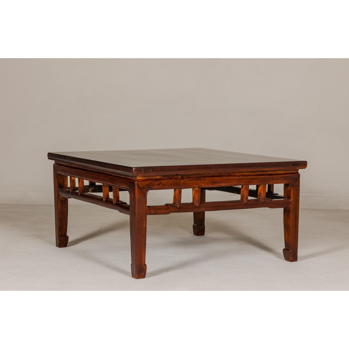 Low Square Coffee Table with Brown Lacquer, Horse Hoof Legs, Humpback Stretcher-11. Asian & Chinese Furniture, Art, Antiques, Vintage Home Décor for sale at FEA Home