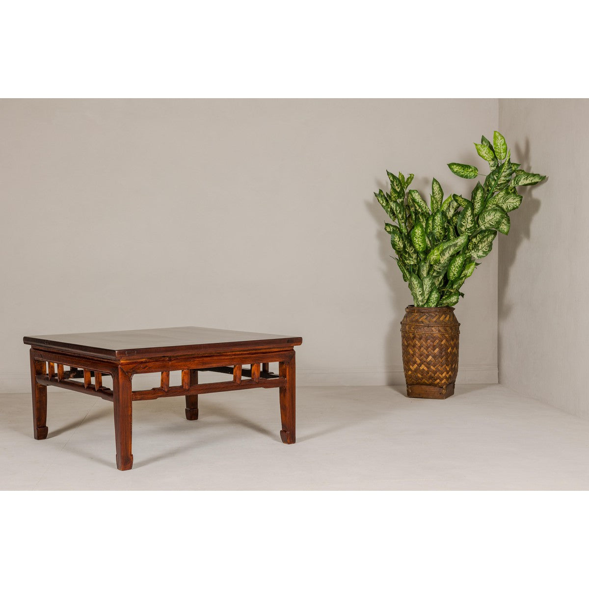 Low Square Coffee Table with Brown Lacquer, Horse Hoof Legs, Humpback Stretcher-12. Asian & Chinese Furniture, Art, Antiques, Vintage Home Décor for sale at FEA Home