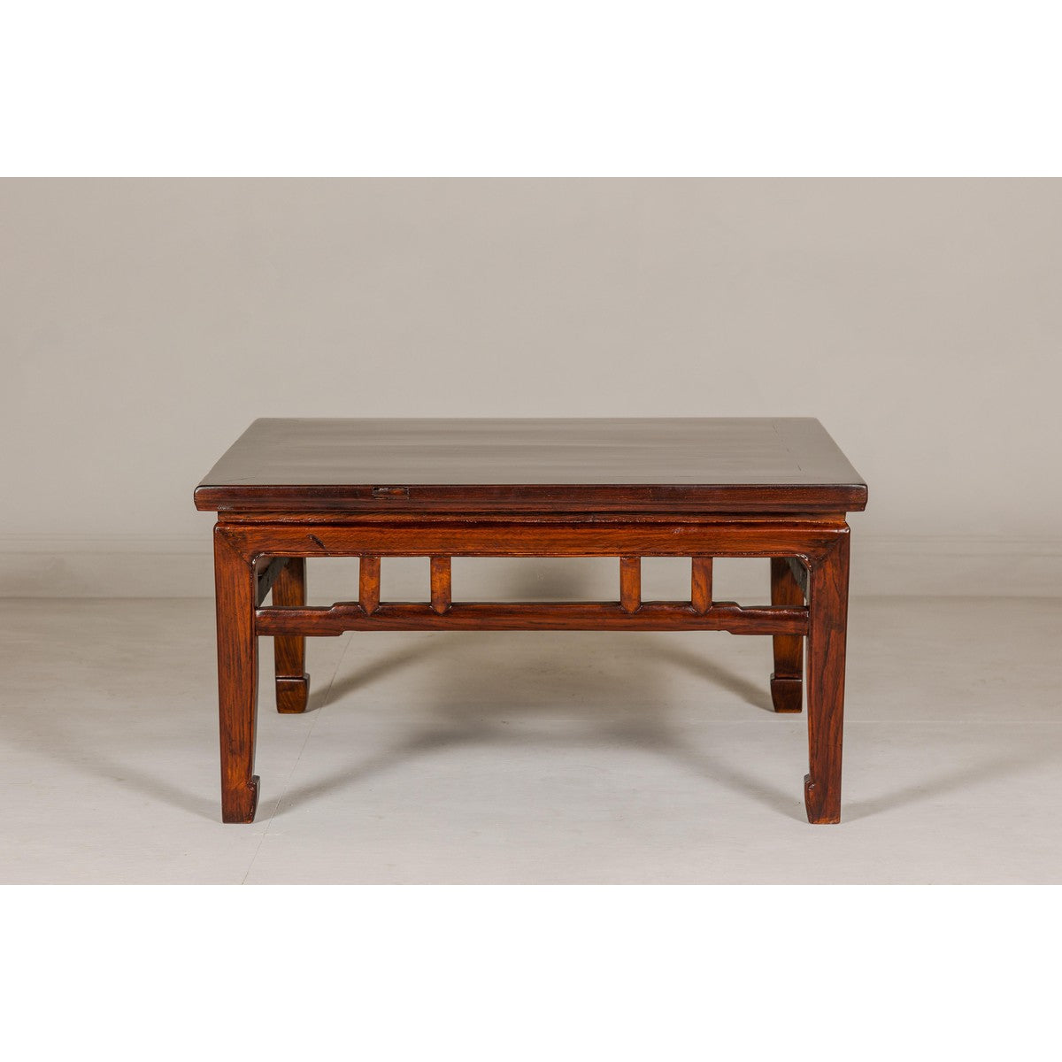 Low Square Coffee Table with Brown Lacquer, Horse Hoof Legs, Humpback Stretcher-14. Asian & Chinese Furniture, Art, Antiques, Vintage Home Décor for sale at FEA Home