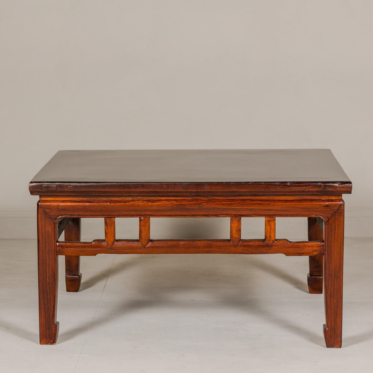 Low Square Coffee Table with Brown Lacquer, Horse Hoof Legs, Humpback Stretcher-15. Asian & Chinese Furniture, Art, Antiques, Vintage Home Décor for sale at FEA Home