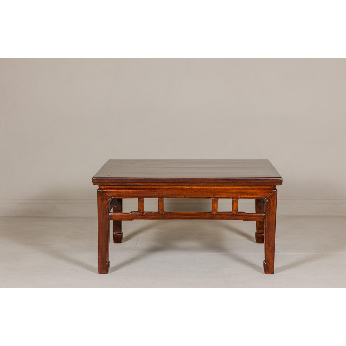 Low Square Coffee Table with Brown Lacquer, Horse Hoof Legs, Humpback Stretcher-16. Asian & Chinese Furniture, Art, Antiques, Vintage Home Décor for sale at FEA Home