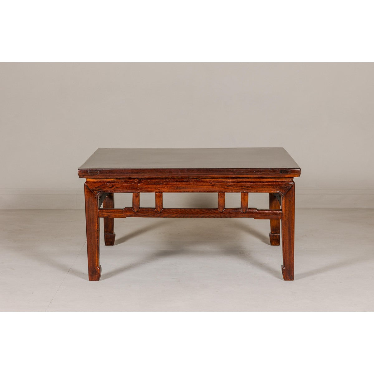 Low Square Coffee Table with Brown Lacquer, Horse Hoof Legs, Humpback Stretcher-3. Asian & Chinese Furniture, Art, Antiques, Vintage Home Décor for sale at FEA Home