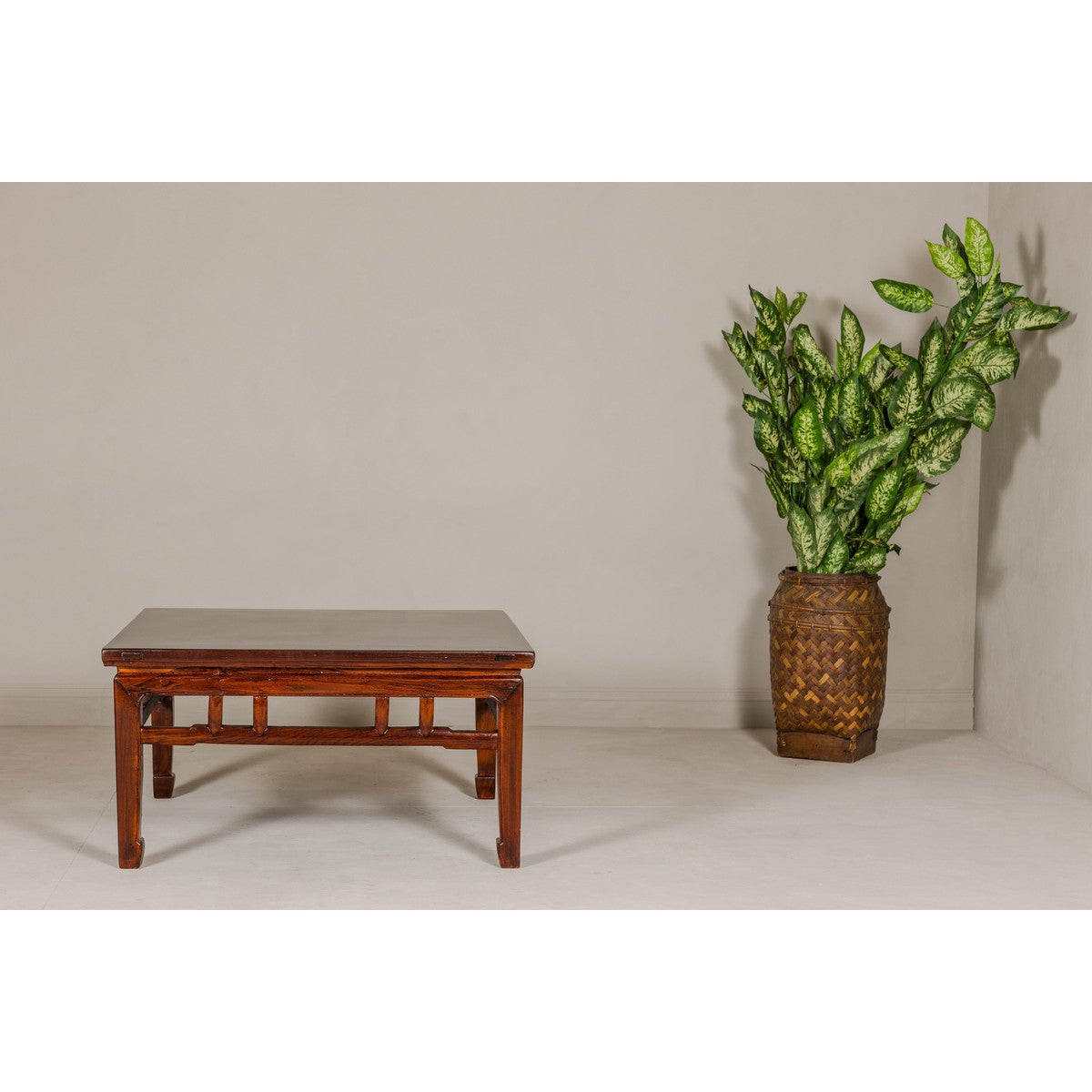 Low Square Coffee Table with Brown Lacquer, Horse Hoof Legs, Humpback Stretcher-4. Asian & Chinese Furniture, Art, Antiques, Vintage Home Décor for sale at FEA Home