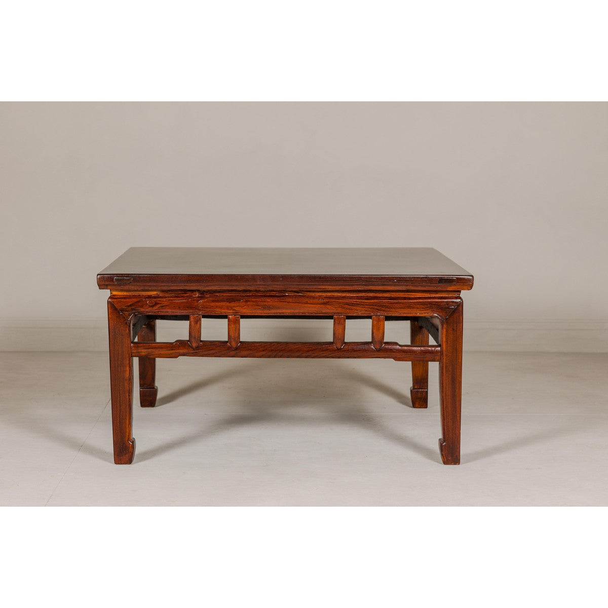 Low Square Coffee Table with Brown Lacquer, Horse Hoof Legs, Humpback Stretcher-5. Asian & Chinese Furniture, Art, Antiques, Vintage Home Décor for sale at FEA Home