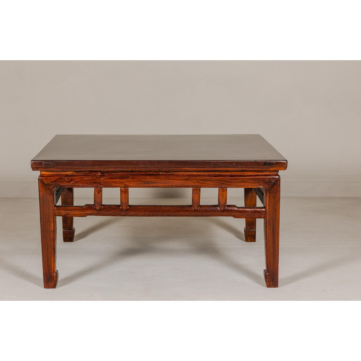 Low Square Coffee Table with Brown Lacquer, Horse Hoof Legs, Humpback Stretcher-6. Asian & Chinese Furniture, Art, Antiques, Vintage Home Décor for sale at FEA Home