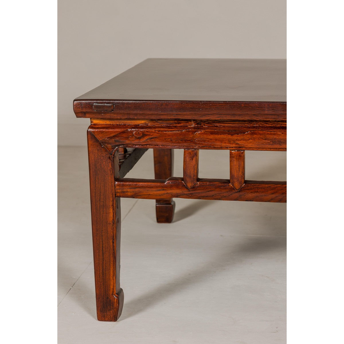Low Square Coffee Table with Brown Lacquer, Horse Hoof Legs, Humpback Stretcher-7. Asian & Chinese Furniture, Art, Antiques, Vintage Home Décor for sale at FEA Home