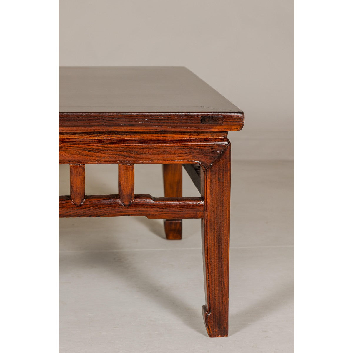 Low Square Coffee Table with Brown Lacquer, Horse Hoof Legs, Humpback Stretcher-8. Asian & Chinese Furniture, Art, Antiques, Vintage Home Décor for sale at FEA Home