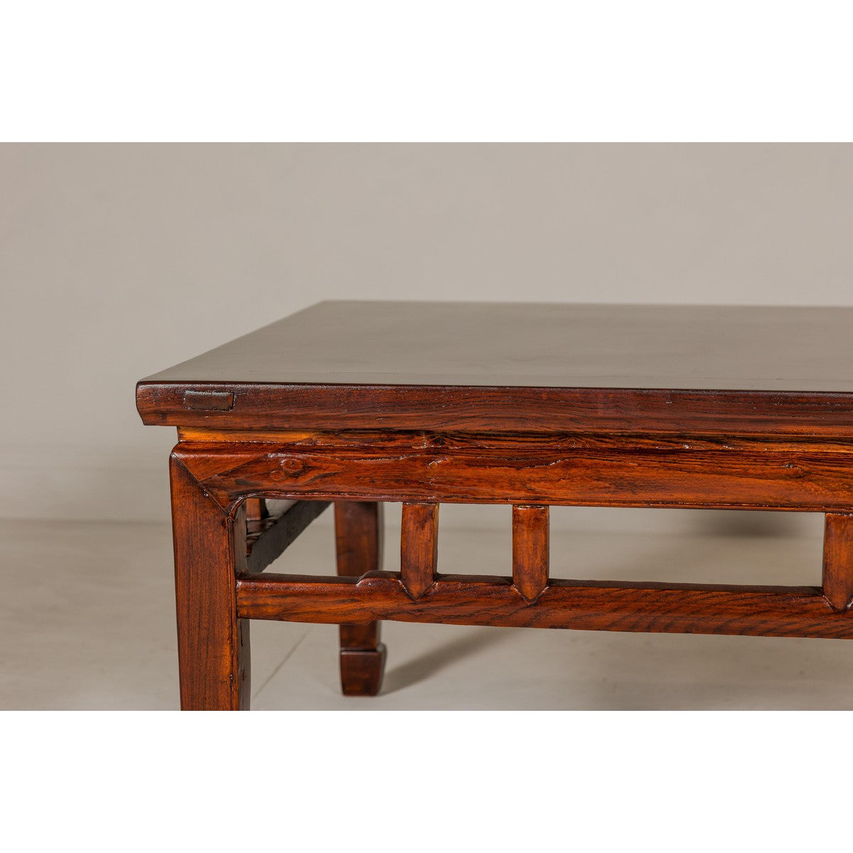 Low Square Coffee Table with Brown Lacquer, Horse Hoof Legs, Humpback Stretcher-9. Asian & Chinese Furniture, Art, Antiques, Vintage Home Décor for sale at FEA Home