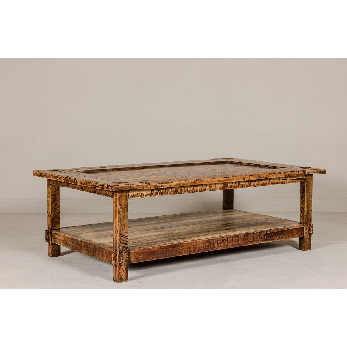 Country Style Distressed Two-Tier Coffee Table with Inset Top and Straight Legs-11. Asian & Chinese Furniture, Art, Antiques, Vintage Home Décor for sale at FEA Home