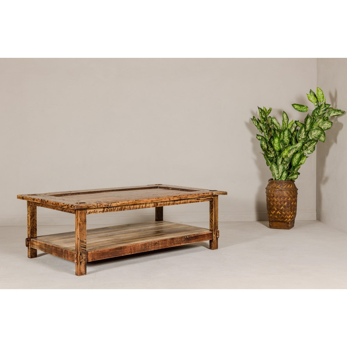 Country Style Distressed Two-Tier Coffee Table with Inset Top and Straight Legs-12. Asian & Chinese Furniture, Art, Antiques, Vintage Home Décor for sale at FEA Home
