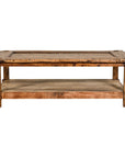 Distressed wood two-tier coffee table, country style with inset top and straight legs, front view on white background.