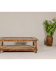Whitewashed wood two-tier coffee table with inset top beside a tall potted plant against a plain wall.