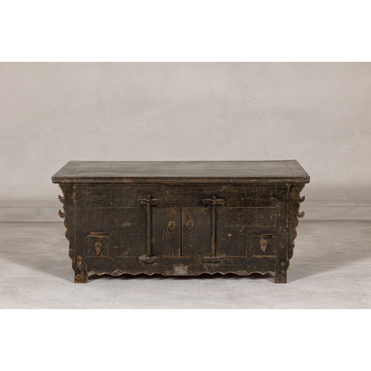 Low Kang Carved Sideboard with Brown Distressed Finish and Two Small Doors-11. Asian & Chinese Furniture, Art, Antiques, Vintage Home Décor for sale at FEA Home