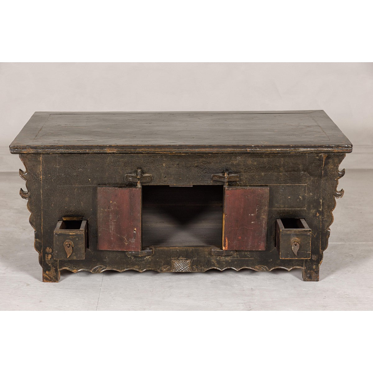 Low Kang Carved Sideboard with Brown Distressed Finish and Two Small Doors-12. Asian & Chinese Furniture, Art, Antiques, Vintage Home Décor for sale at FEA Home
