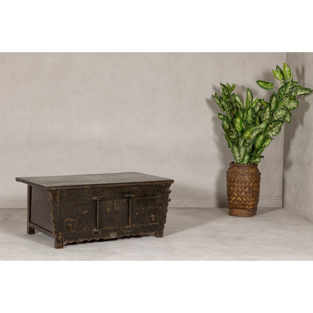 Low Kang Carved Sideboard with Brown Distressed Finish and Two Small Doors-14. Asian & Chinese Furniture, Art, Antiques, Vintage Home Décor for sale at FEA Home