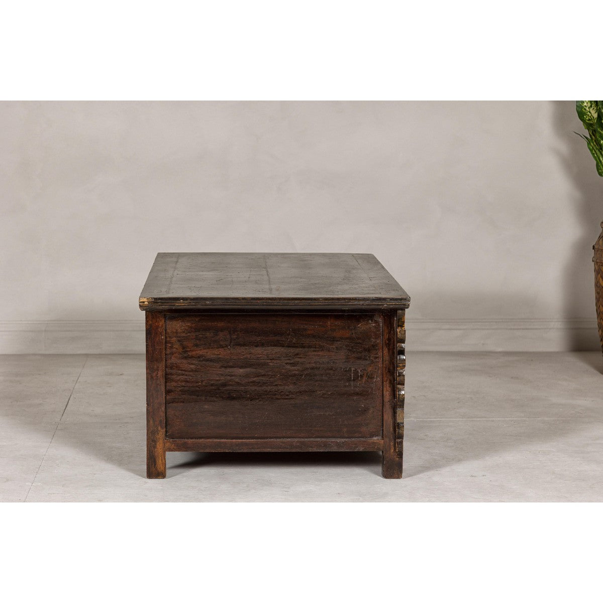 Low Kang Carved Sideboard with Brown Distressed Finish and Two Small Doors-15. Asian & Chinese Furniture, Art, Antiques, Vintage Home Décor for sale at FEA Home