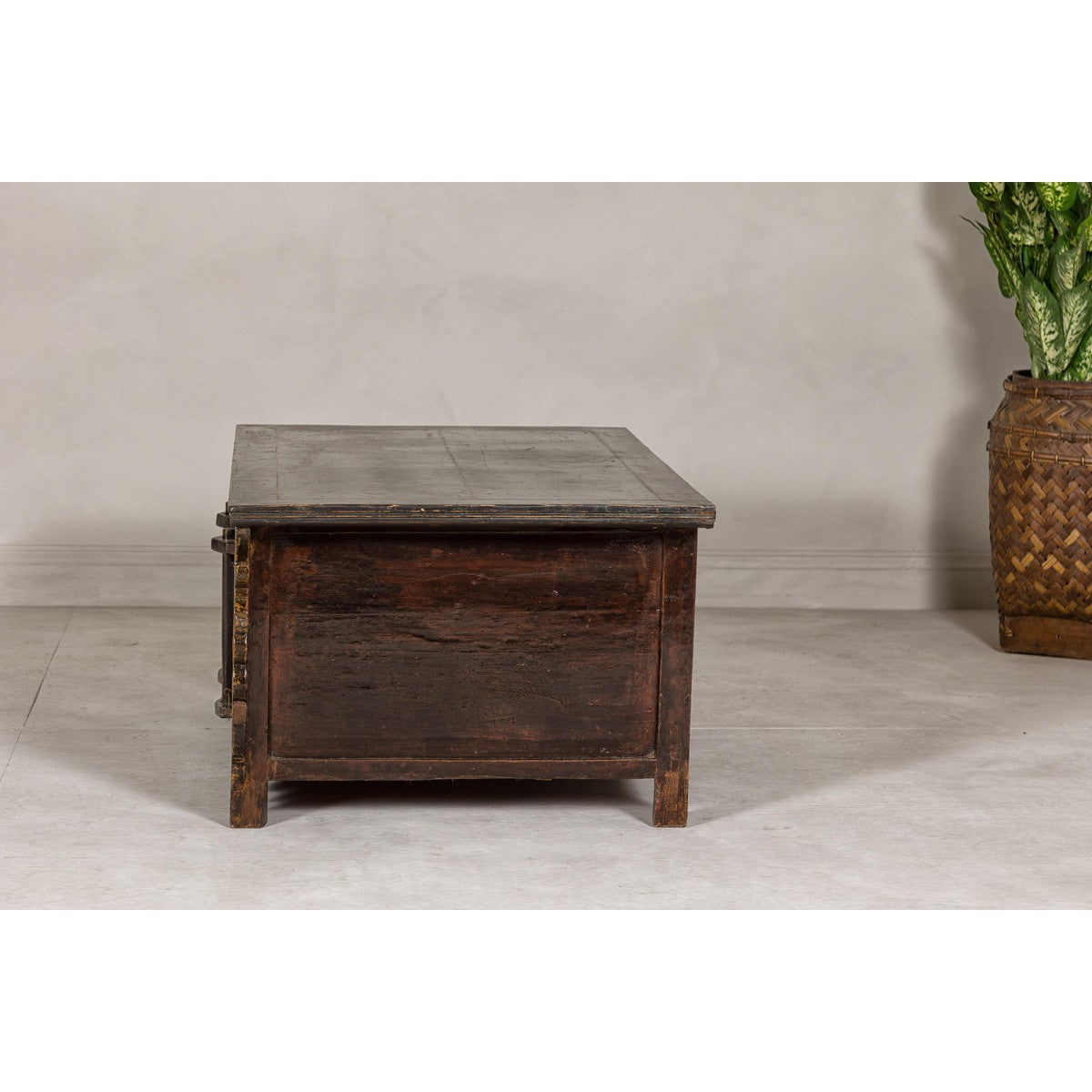 Low Kang Carved Sideboard with Brown Distressed Finish and Two Small Doors-17. Asian & Chinese Furniture, Art, Antiques, Vintage Home Décor for sale at FEA Home