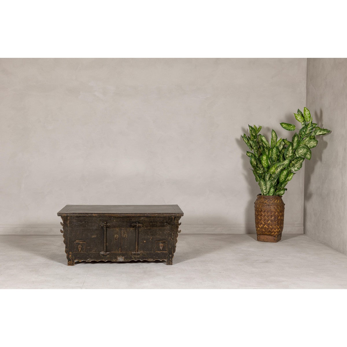 Low Kang Carved Sideboard with Brown Distressed Finish and Two Small Doors-19. Asian & Chinese Furniture, Art, Antiques, Vintage Home Décor for sale at FEA Home