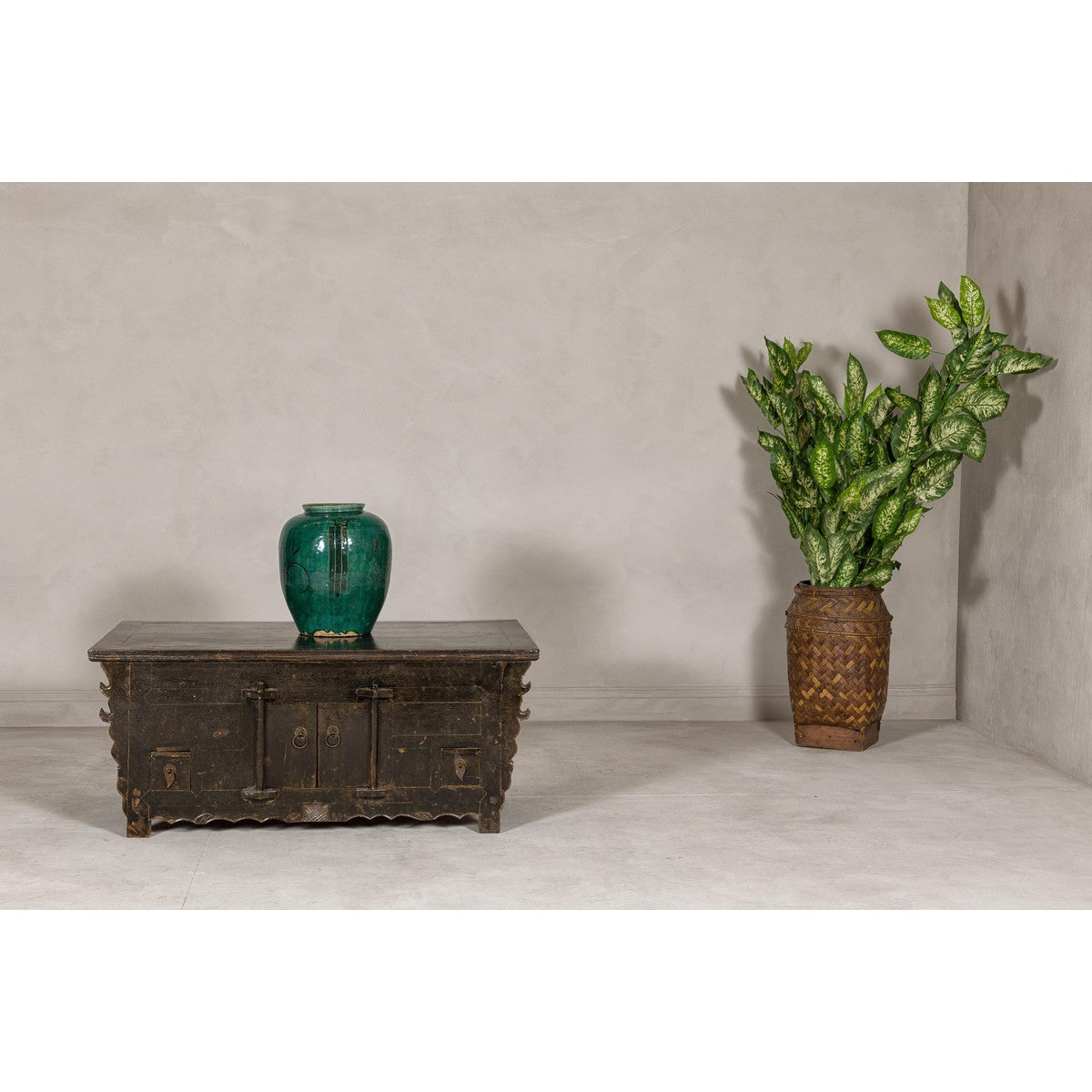 Low Kang Carved Sideboard with Brown Distressed Finish and Two Small Doors-2. Asian & Chinese Furniture, Art, Antiques, Vintage Home Décor for sale at FEA Home