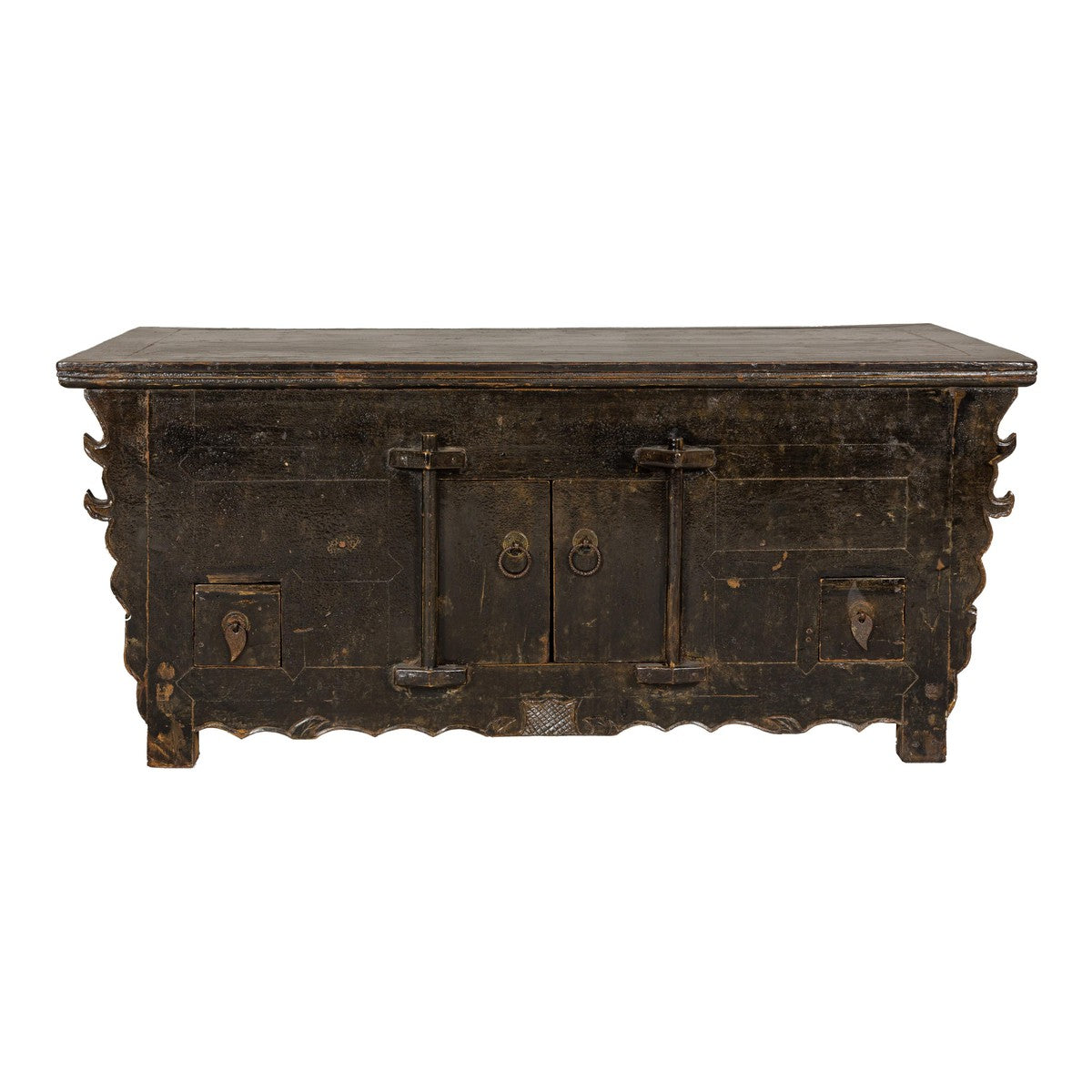 Low Kang Carved Sideboard with Brown Distressed Finish and Two Small Doors-20. Asian & Chinese Furniture, Art, Antiques, Vintage Home Décor for sale at FEA Home