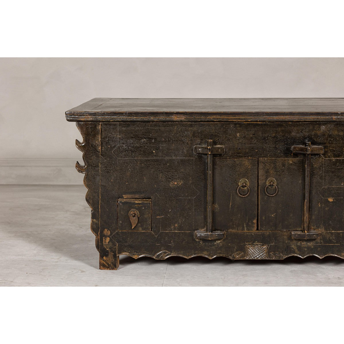 Low Kang Carved Sideboard with Brown Distressed Finish and Two Small Doors-4. Asian & Chinese Furniture, Art, Antiques, Vintage Home Décor for sale at FEA Home