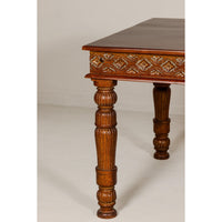 Large Dining Room Table with Carved Apron, Floral Motifs and Turned Legs