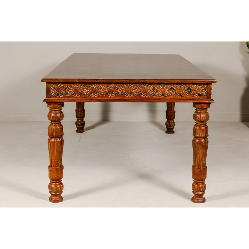 Large Dining Room Table with Carved Apron, Floral Motifs and Turned Legs-YN7977-8. Asian & Chinese Furniture, Art, Antiques, Vintage Home Décor for sale at FEA Home
