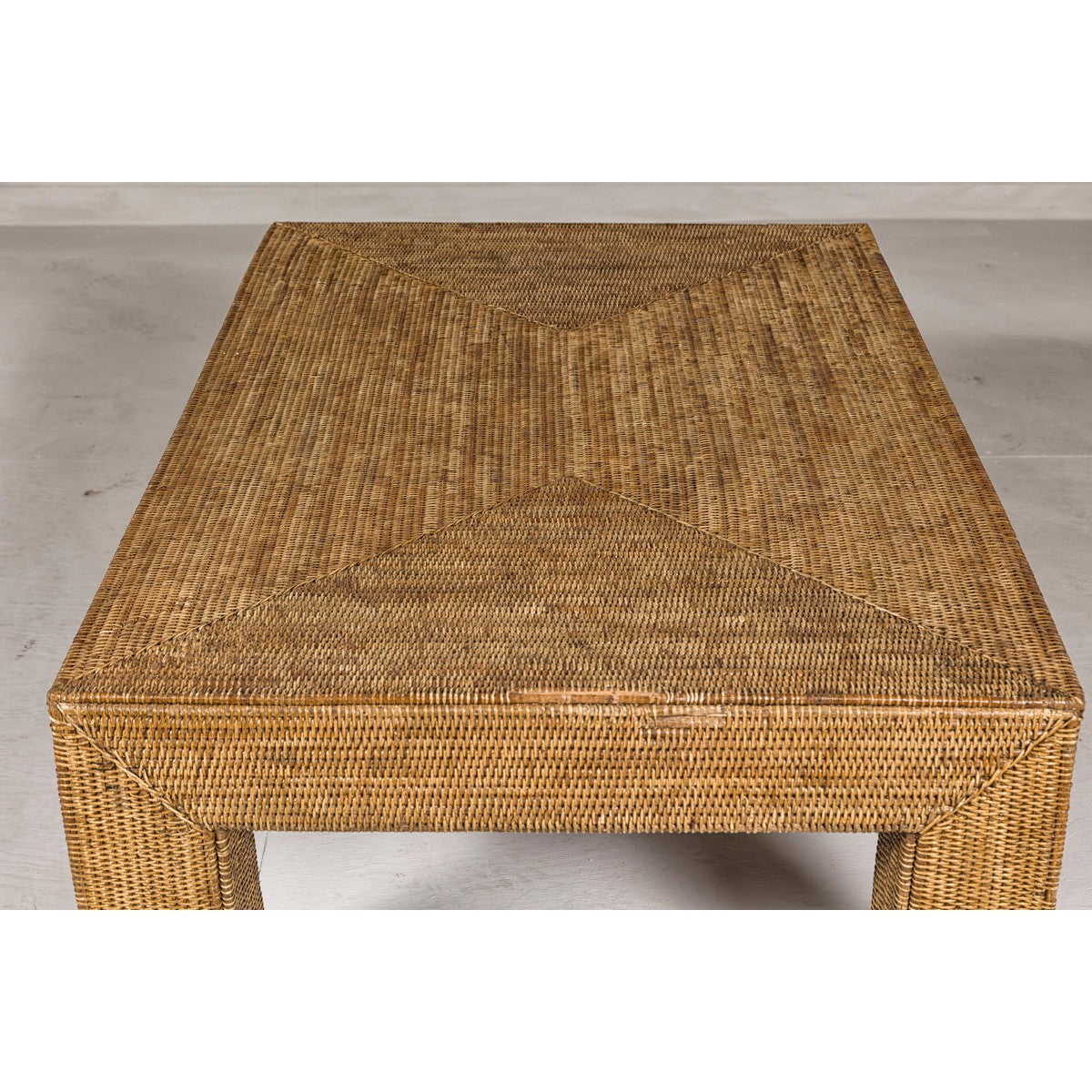 Country Style Midcentury Woven Rattan Light Brown Parsons Leg Coffee Table-11. Asian & Chinese Furniture, Art, Antiques, Vintage Home Décor for sale at FEA Home