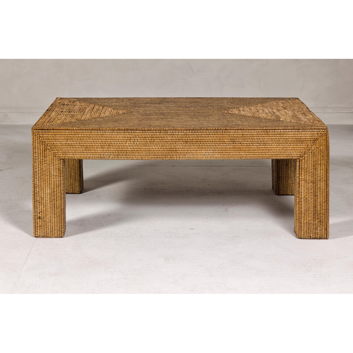Country Style Midcentury Woven Rattan Light Brown Parsons Leg Coffee Table-12. Asian & Chinese Furniture, Art, Antiques, Vintage Home Décor for sale at FEA Home