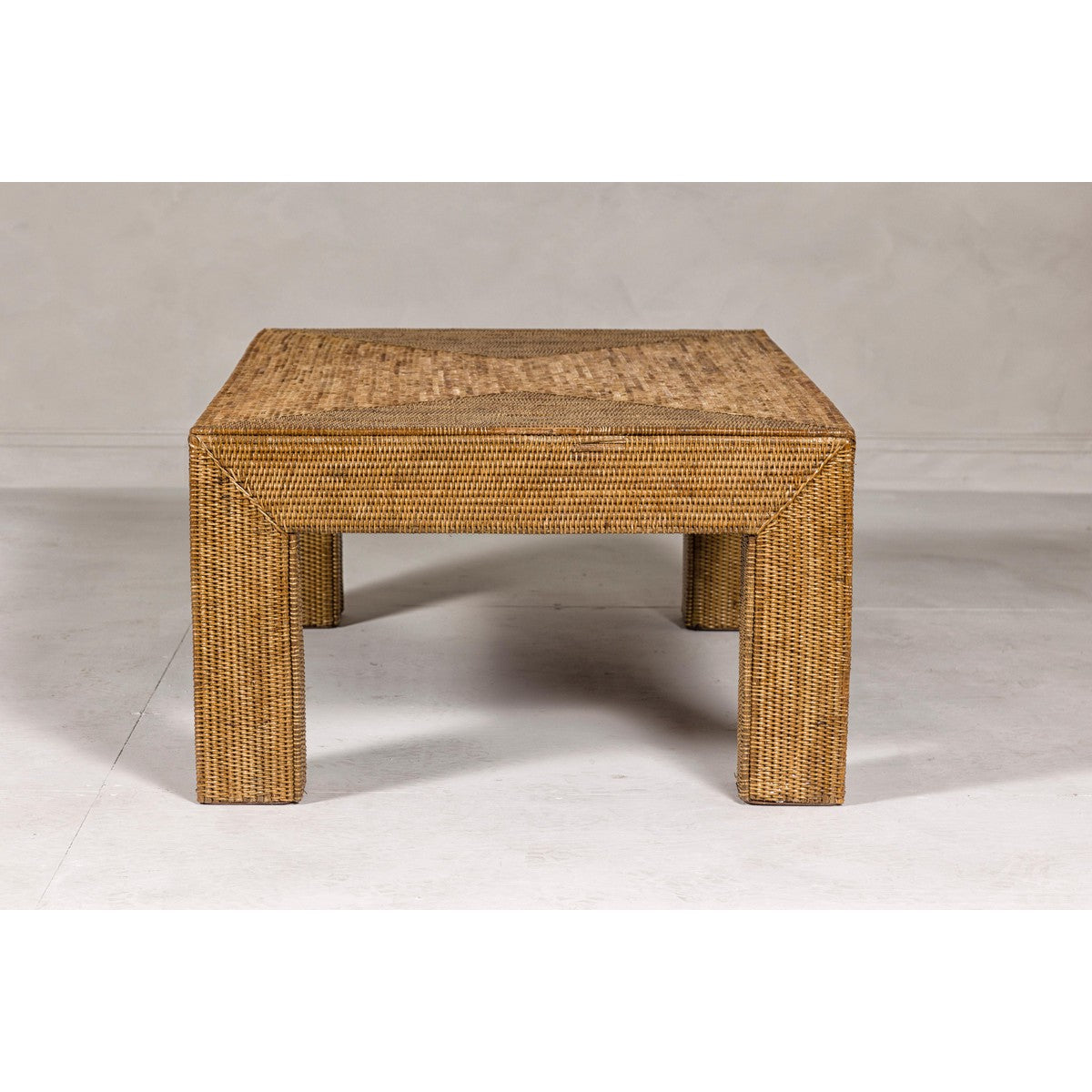 Country Style Midcentury Woven Rattan Light Brown Parsons Leg Coffee Table-13. Asian & Chinese Furniture, Art, Antiques, Vintage Home Décor for sale at FEA Home
