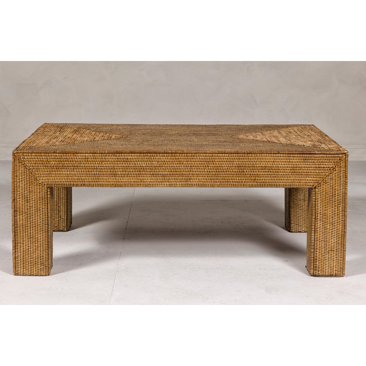 Country Style Midcentury Woven Rattan Light Brown Parsons Leg Coffee Table-3. Asian & Chinese Furniture, Art, Antiques, Vintage Home Décor for sale at FEA Home