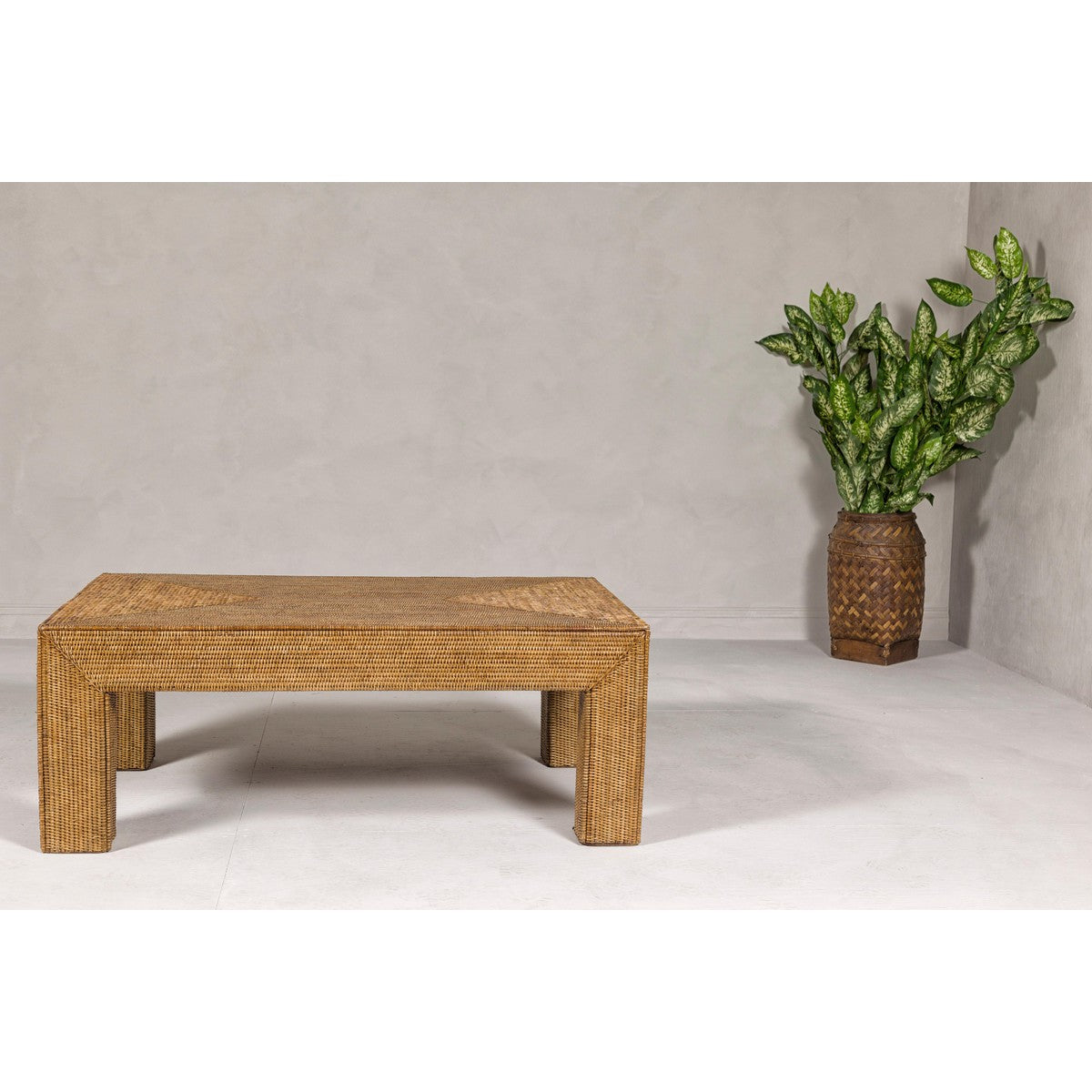 Country Style Midcentury Woven Rattan Light Brown Parsons Leg Coffee Table-4. Asian & Chinese Furniture, Art, Antiques, Vintage Home Décor for sale at FEA Home