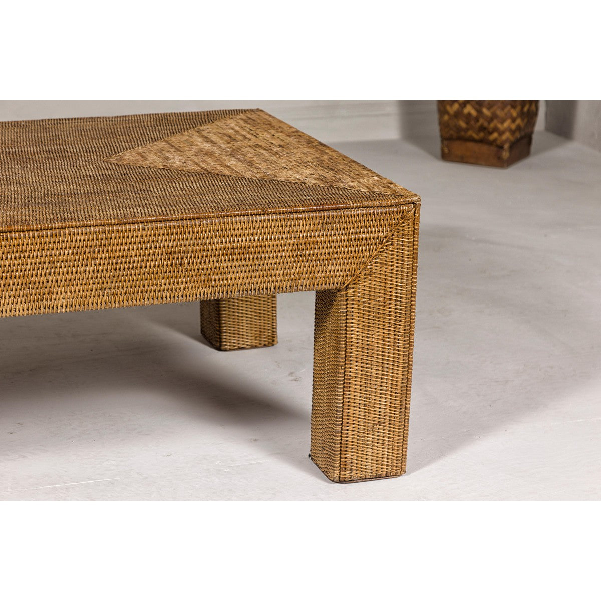 Country Style Midcentury Woven Rattan Light Brown Parsons Leg Coffee Table-6. Asian & Chinese Furniture, Art, Antiques, Vintage Home Décor for sale at FEA Home